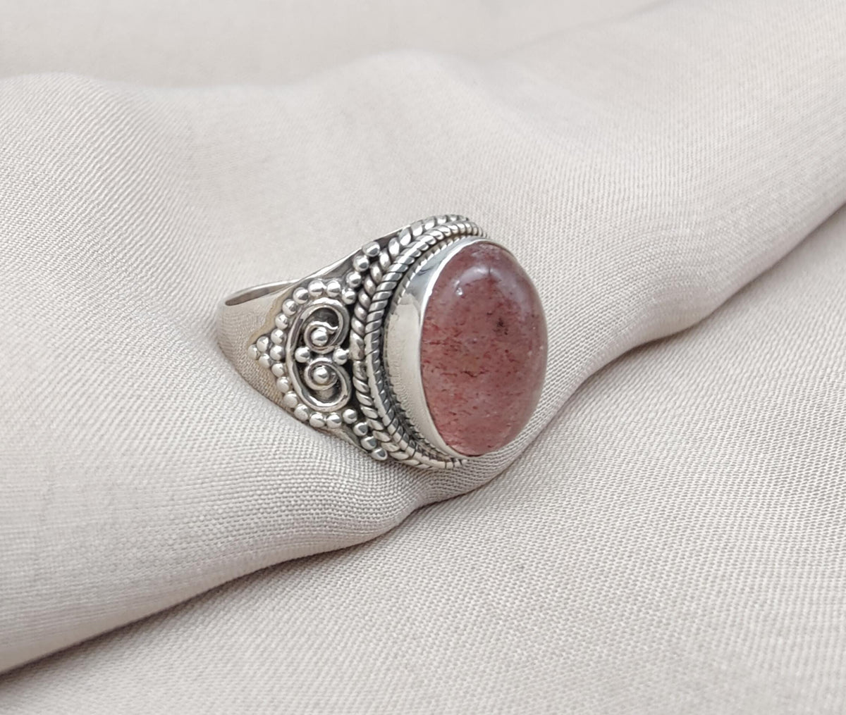 Strawberry Quartz 925 Sterling Silver Ring: Handmade Boho Gemstone Jewelry