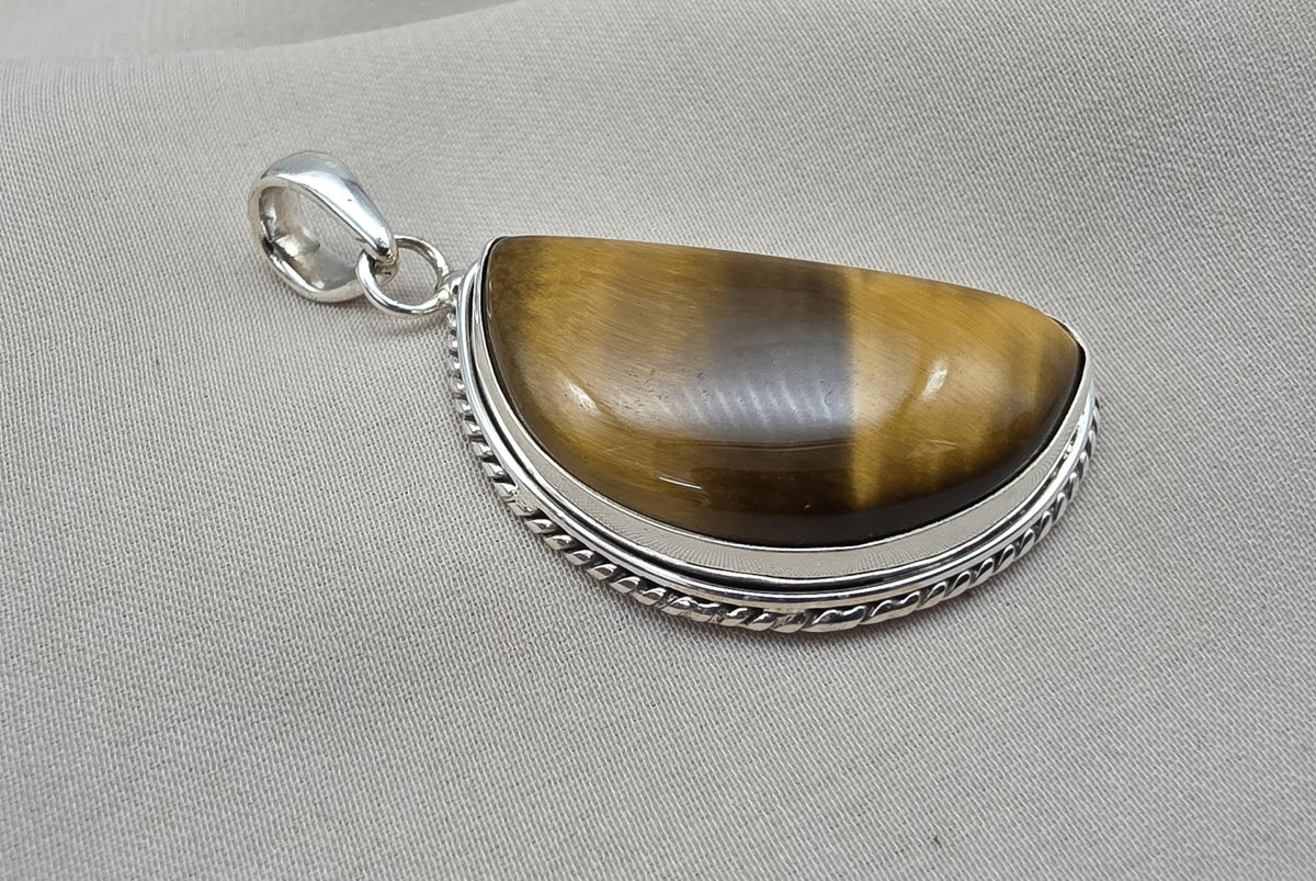 Half Moon Tiger Eye Pendant: 925 Sterling Silver Protection Gemstone Necklace Courage Jewelry