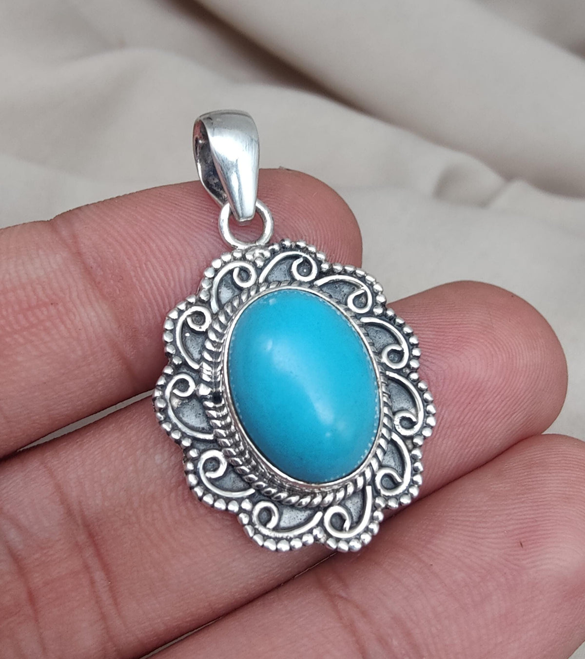 American Turquoise Pendant: Handmade 925 Silver Boho Necklace