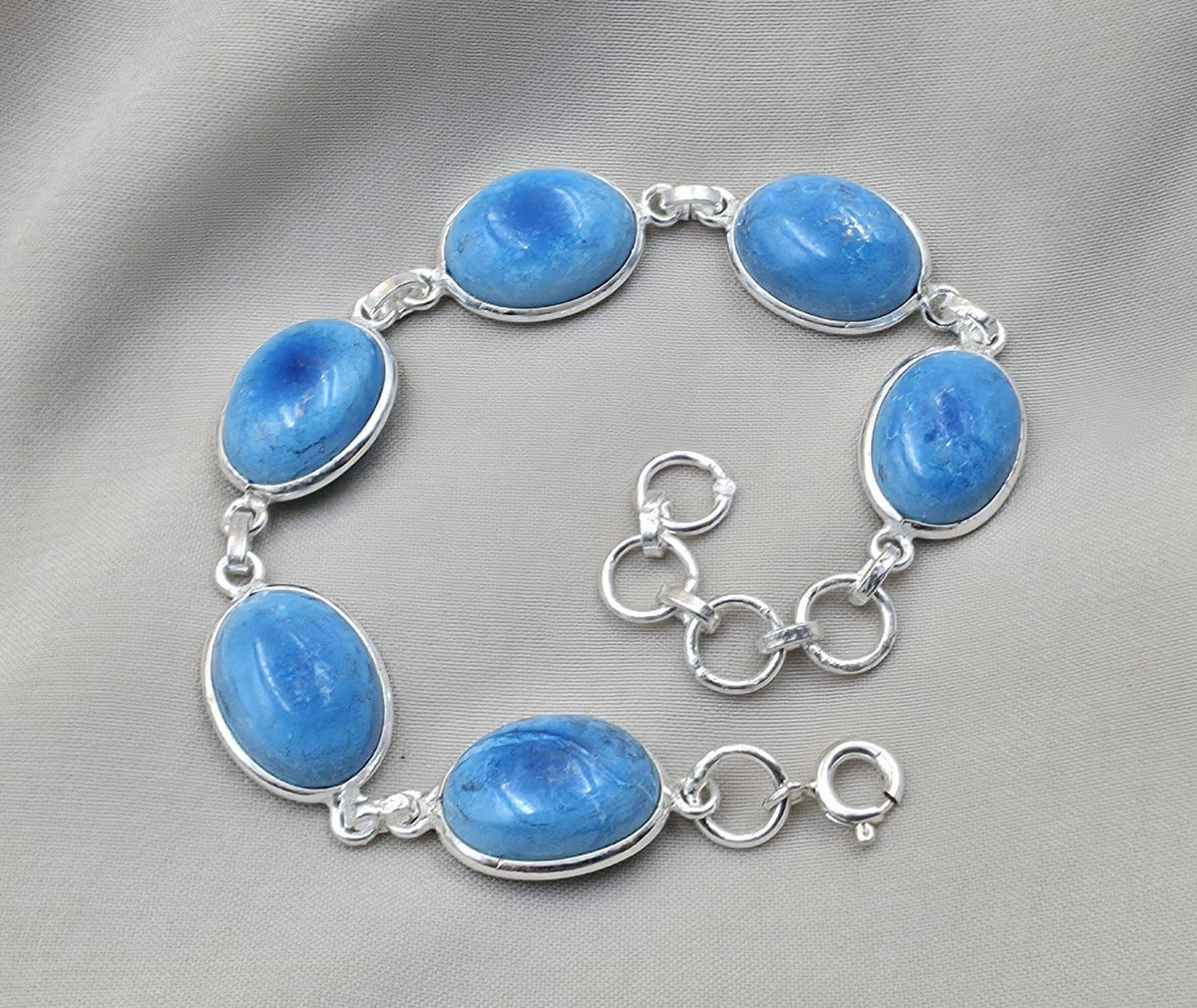 925 Sterling Silver Larimar Bracelet Natural Blue Gemstone Oval Link Jewelry