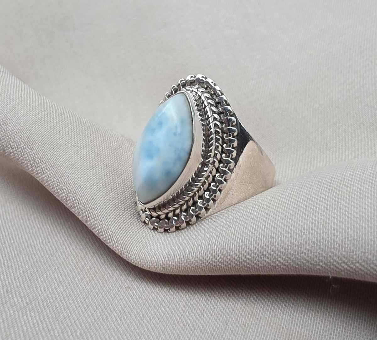 Natural Larimar Ring 925 Sterling Silver Larimar Marquise Cut Gemstone Boho Statement Jewelry