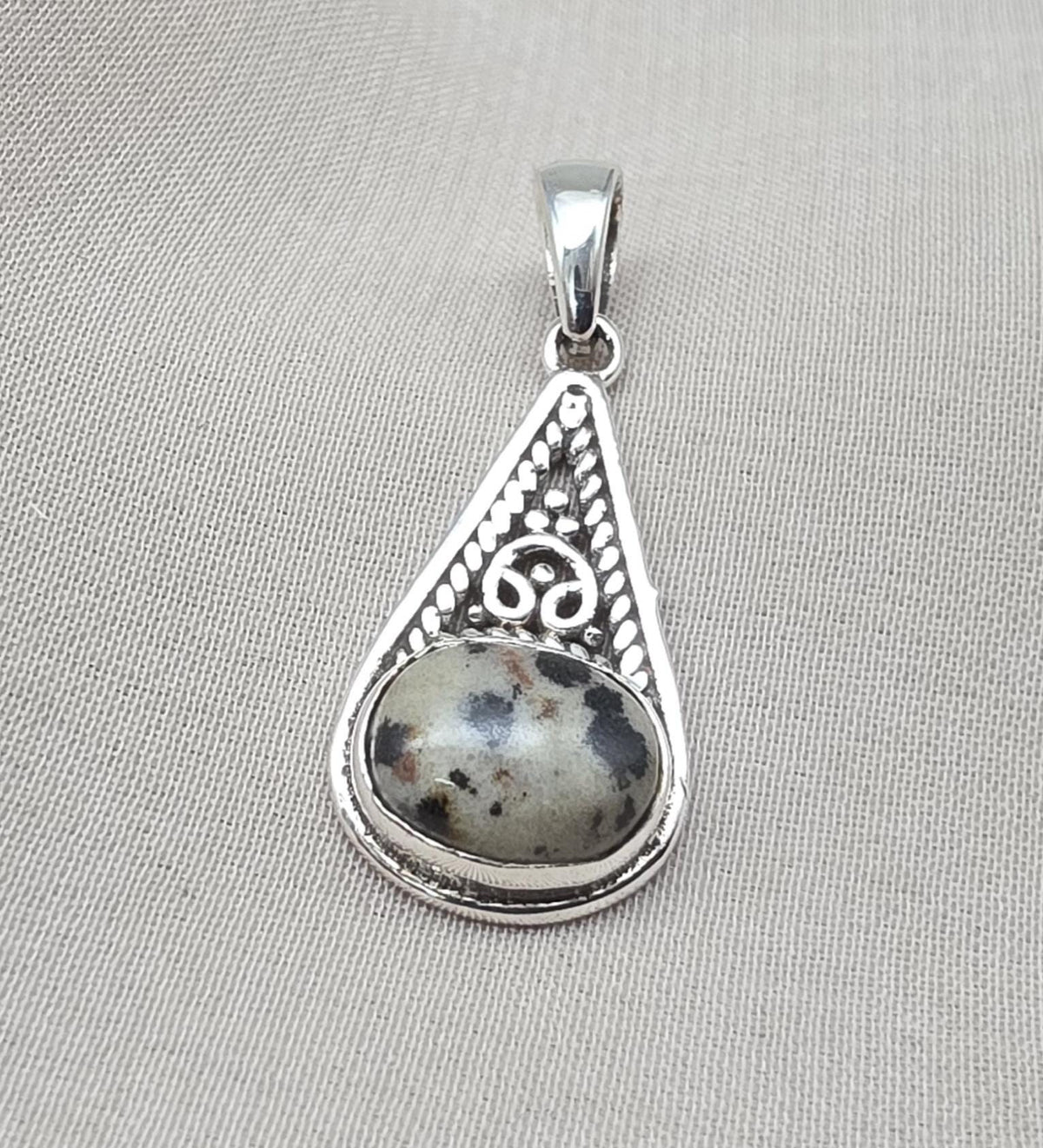 Sterling Silver Dalmatian Jasper Pendant: Teardrop Boho Necklace