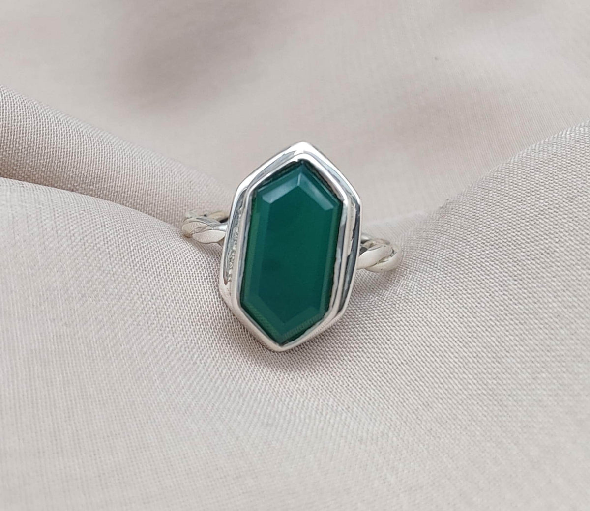 Green Onyx Hexagon Ring: 925 Sterling Silver, Handmade Jewelry