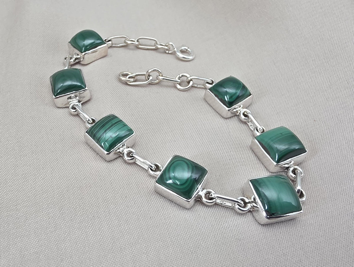 Malachite Bracelet 925 Sterling Silver Square Cabochon Link Bracelet Green Gemstone Handmade Jewelry Gift