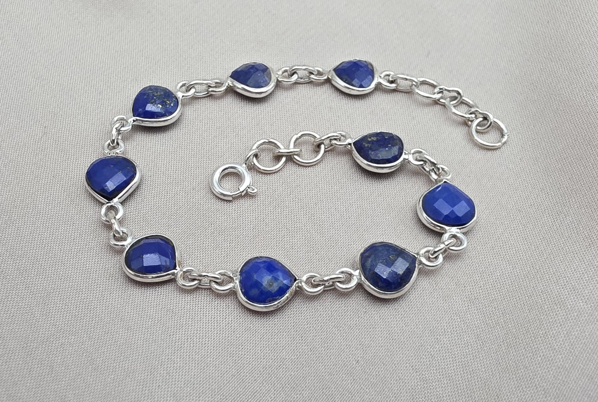 Lapis Lazuli Heart Link Bracelet 925 Sterling Silver Faceted Gemstone Handmade Gemstone Jewelry