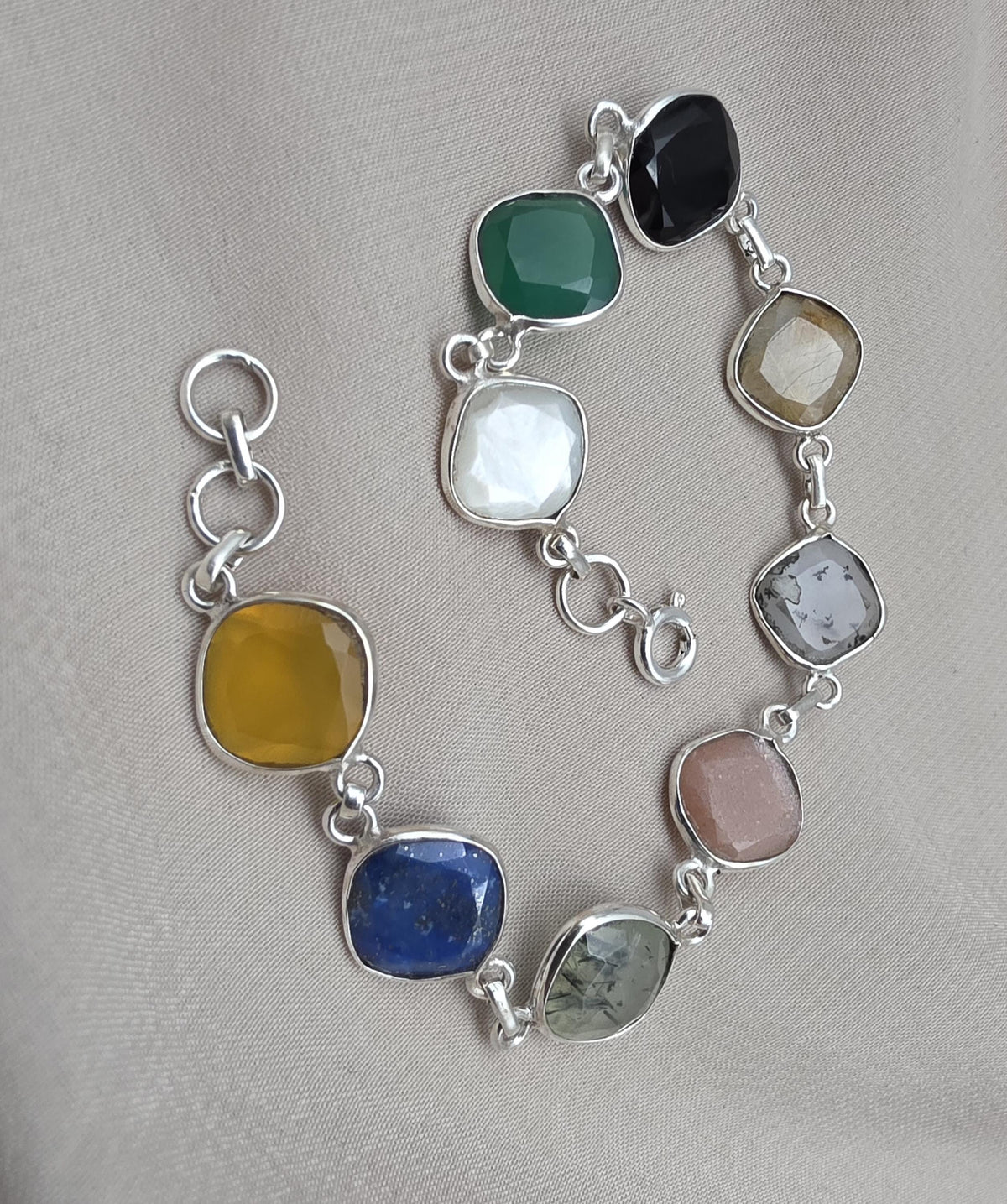 925 Sterling Silver Multi Stone Bracelet Natural Gemstone Cushion Link Jewelry