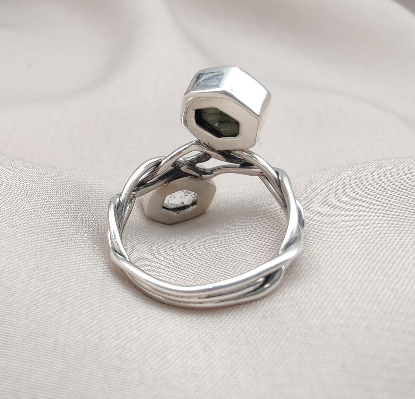Labradorite & Green Amethyst 925 Sterling Silver Ring: Adjustable Double Stone