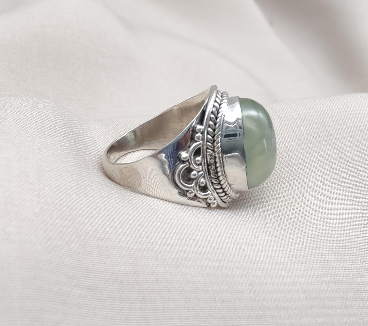 Prehnite 925 Sterling Silver Ring: Handmade Boho Healing Crystal