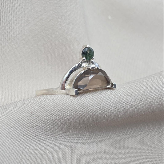 Smoky Quartz Ring 925 Silver Dual Stone Moss Agate Statement Ring Half Moon Jewelry