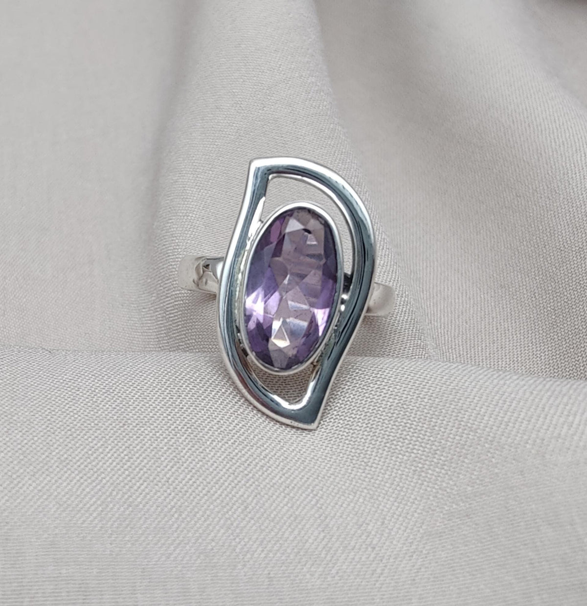 Amethyst Sterling Silver Ring: Modern Abstract Design, February Birthstone
