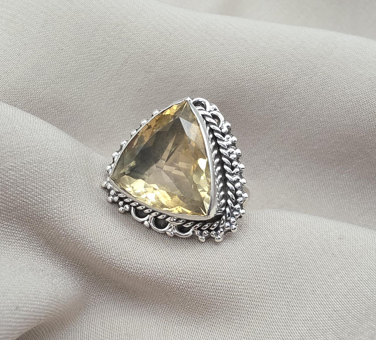 Lemon Quartz Ring 925 Sterling Silver Natural Yellow Gemstone Triangle Cut Ring