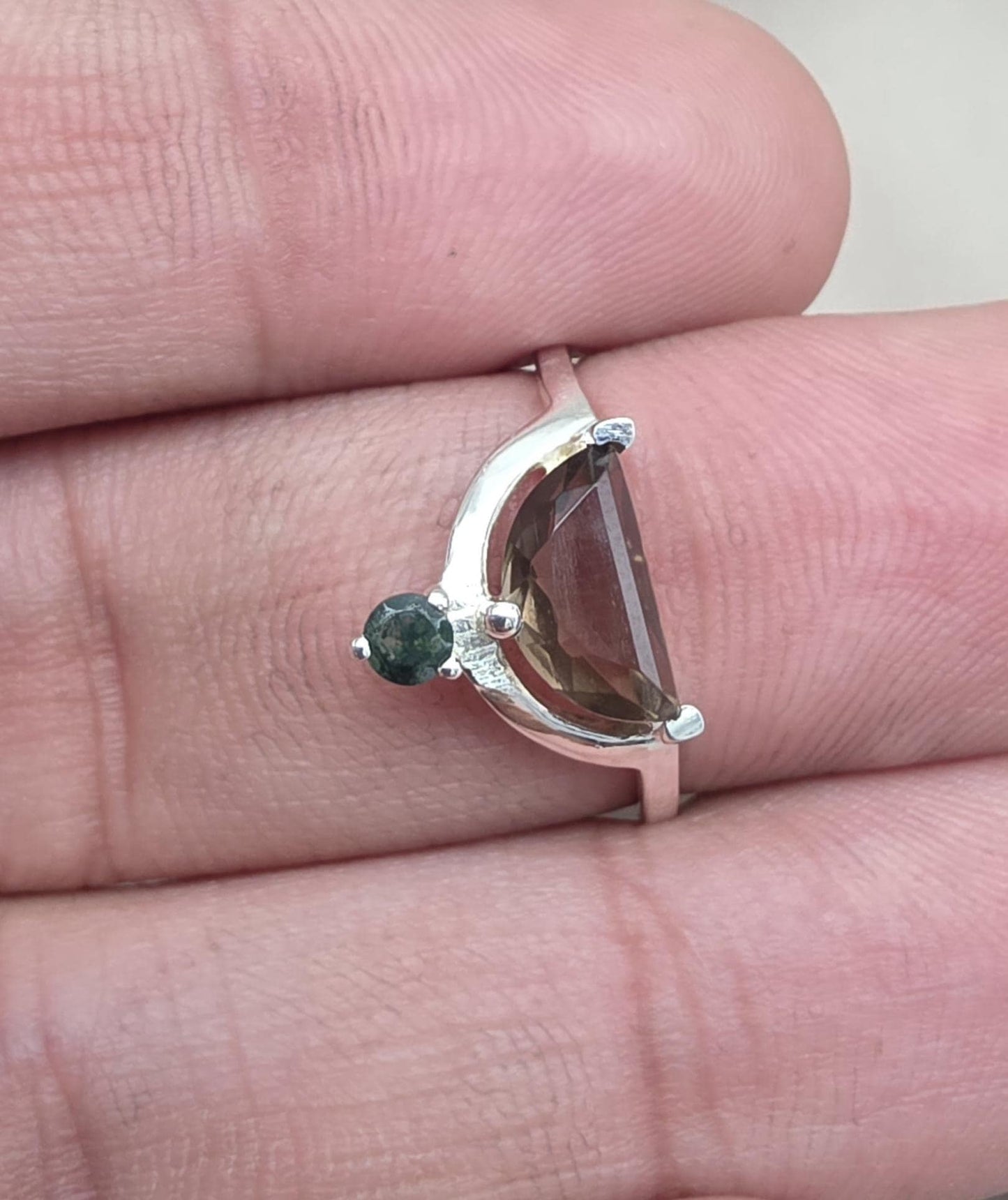 Smoky Quartz Ring 925 Silver Dual Stone Moss Agate Statement Ring Half Moon Jewelry