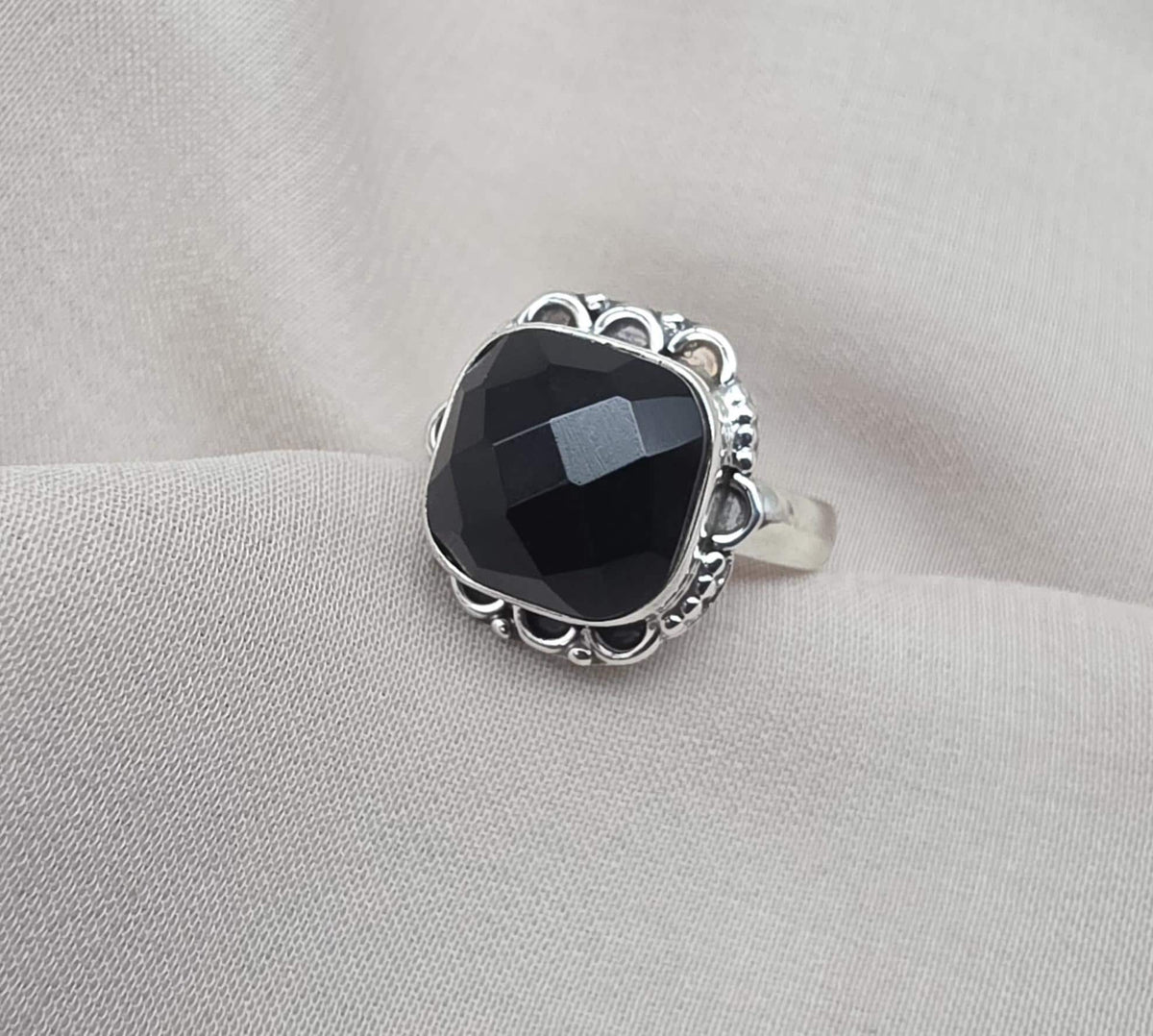 925 Sterling Silver Black Onyx Ring Cushion Cut Natural Gemstone Handmade Vintage Style Gift
