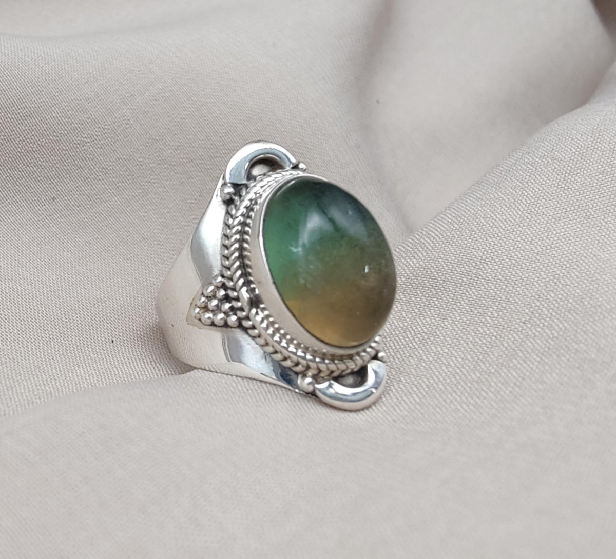 Fluorite Sterling Silver Ring: Green-Gold Crystal, Boho Healing Jewelry
