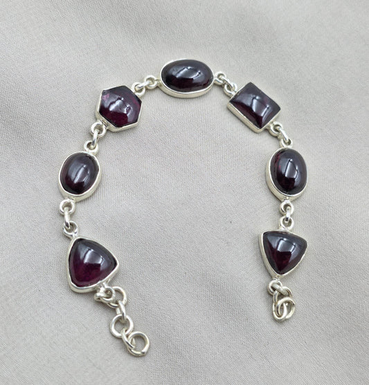 925 Sterling Silver Garnet Link Bracelet Natural Gemstone Handmade Artisan Jewelry Gift for Her