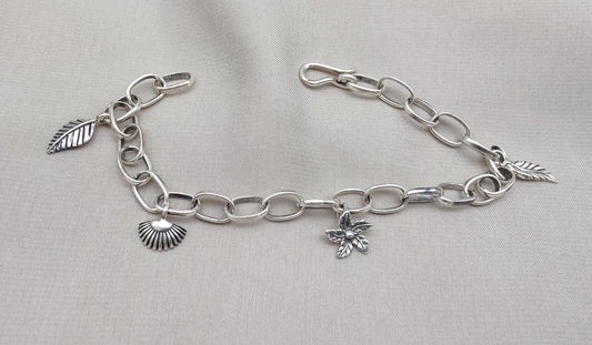 Sterling Silver Charm Bracelet: Leaf, Shell & Flower Charms - Handmade