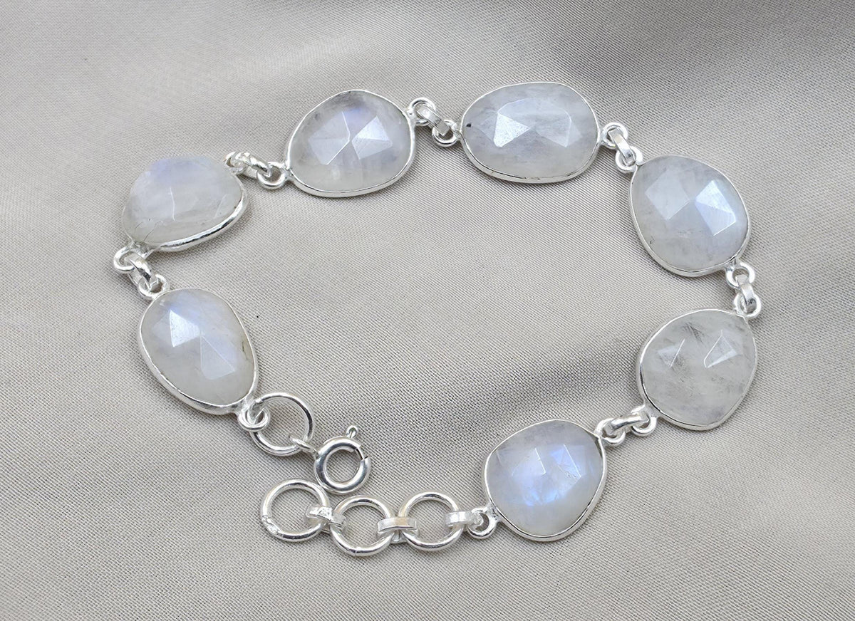 Rainbow Moonstone 925 Sterling Silver Bracelet Natural Handmade
