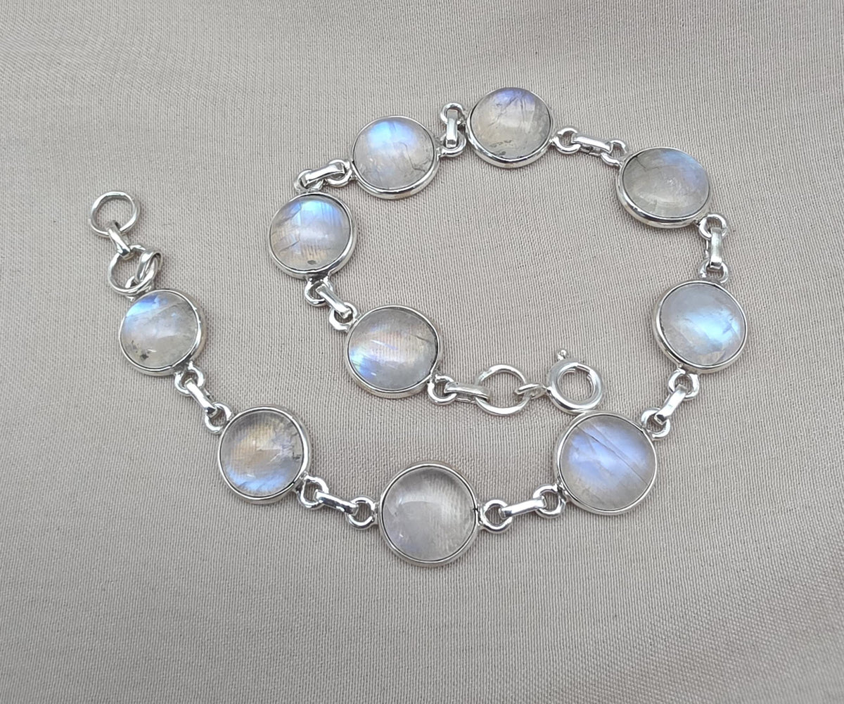 925 Sterling Silver Blue Flash Rainbow Moonstone Bracelet Natural Oval Link Jewelry