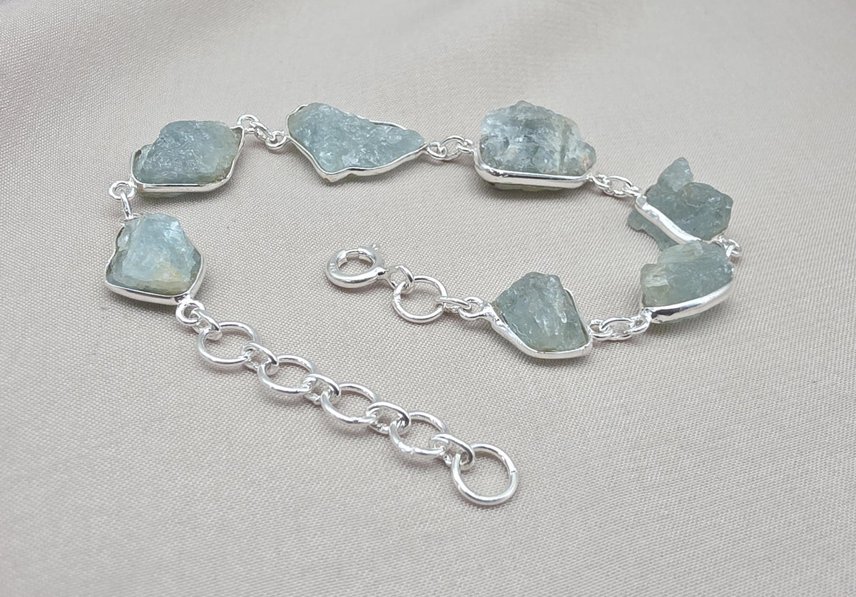 Raw Aquamarine Bracelet in 925 Sterling Silver Natural Blue Gemstone Jewelry