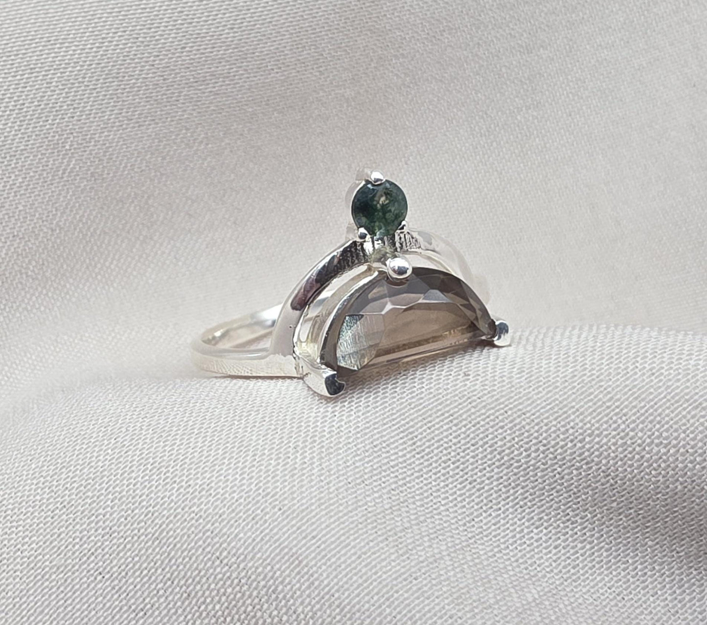 Smoky Quartz Ring 925 Silver Dual Stone Moss Agate Statement Ring Half Moon Jewelry