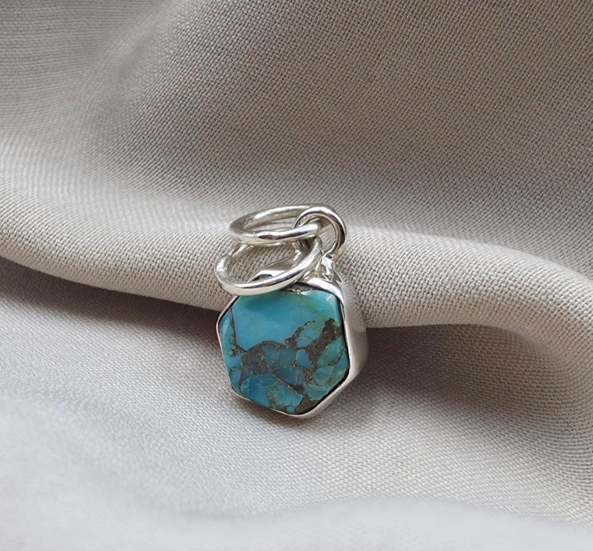 925 Sterling Silver Blue Copper Turquoise Hexagon Pendant Handmade Jewelry