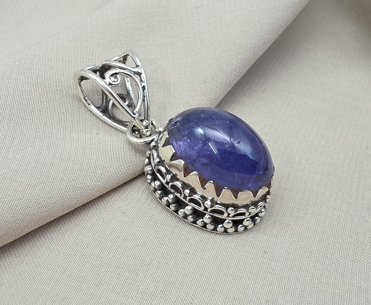 Natural Tanzanite Cabochon Pendant 925 Sterling Silver Handmade Blue Violet Gemstone Jewelry Gift
