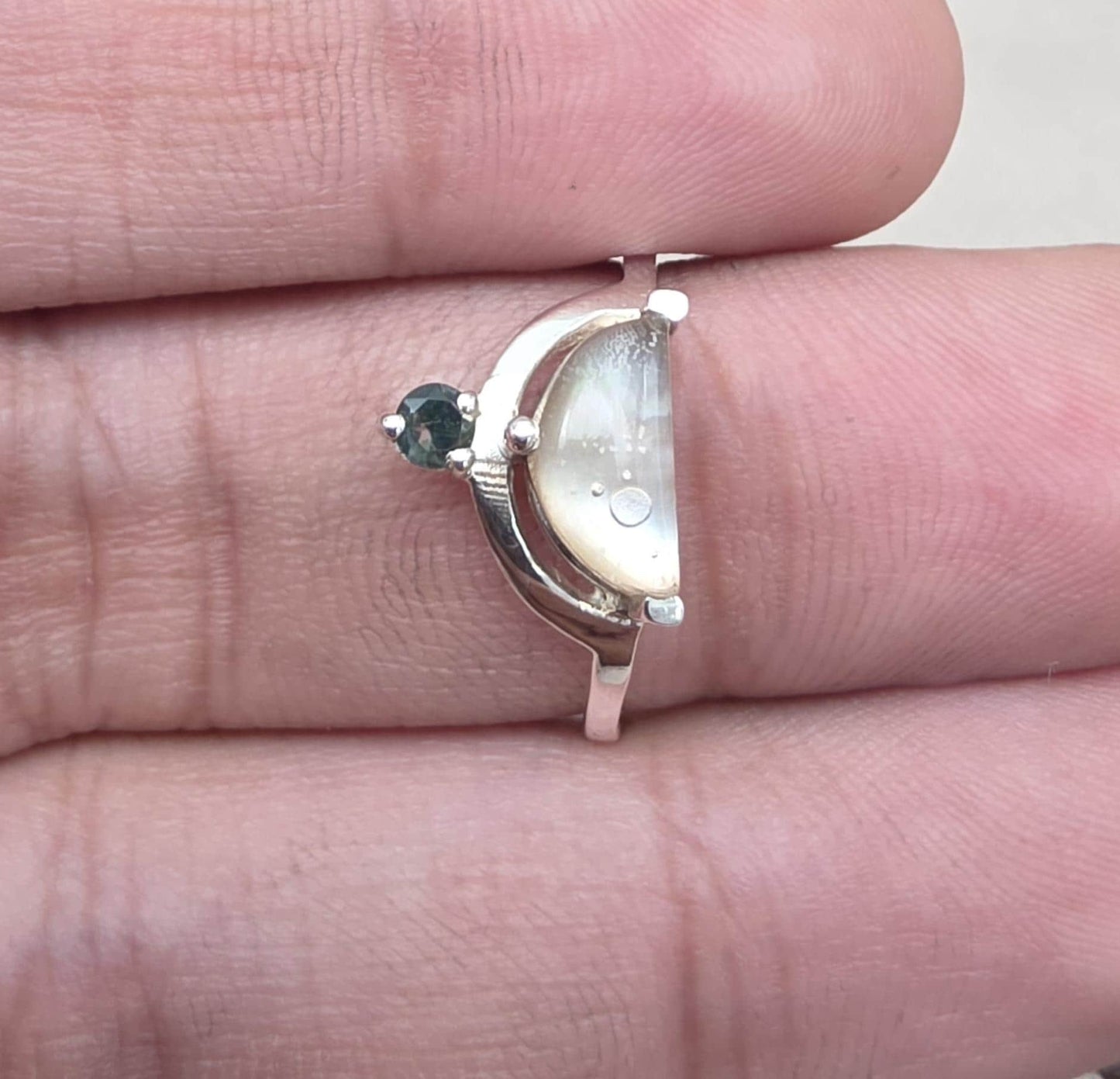 Mother of Pearl Doublet  Ring 925 Sterling Silver Dual Stone Moss Agate Statement Ring