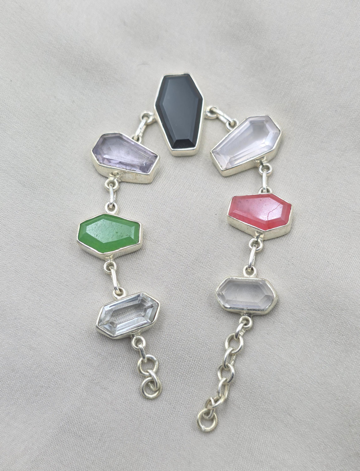 925 Sterling Silver Multi Gemstone Bracelet Coffin Cut Link Bracelet Handmade Jewelry