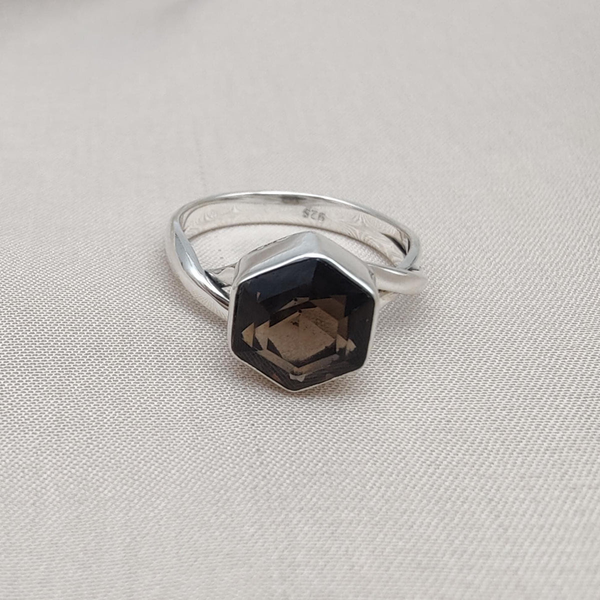 Smoky Quartz Hexagon Ring: 925 Sterling Silver Twisted Band