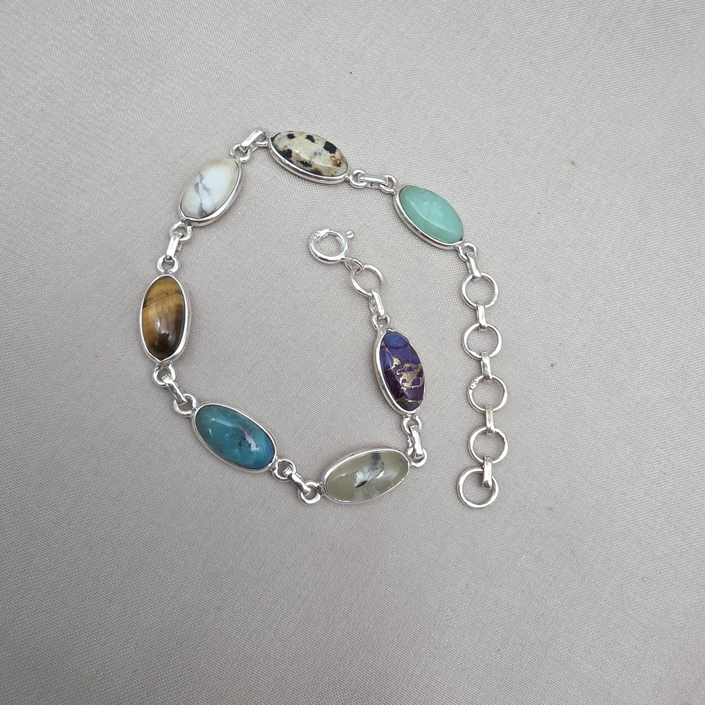 925 Sterling Silver Boho Bracelet Multi Gemstone Colorful Statement Jewelry