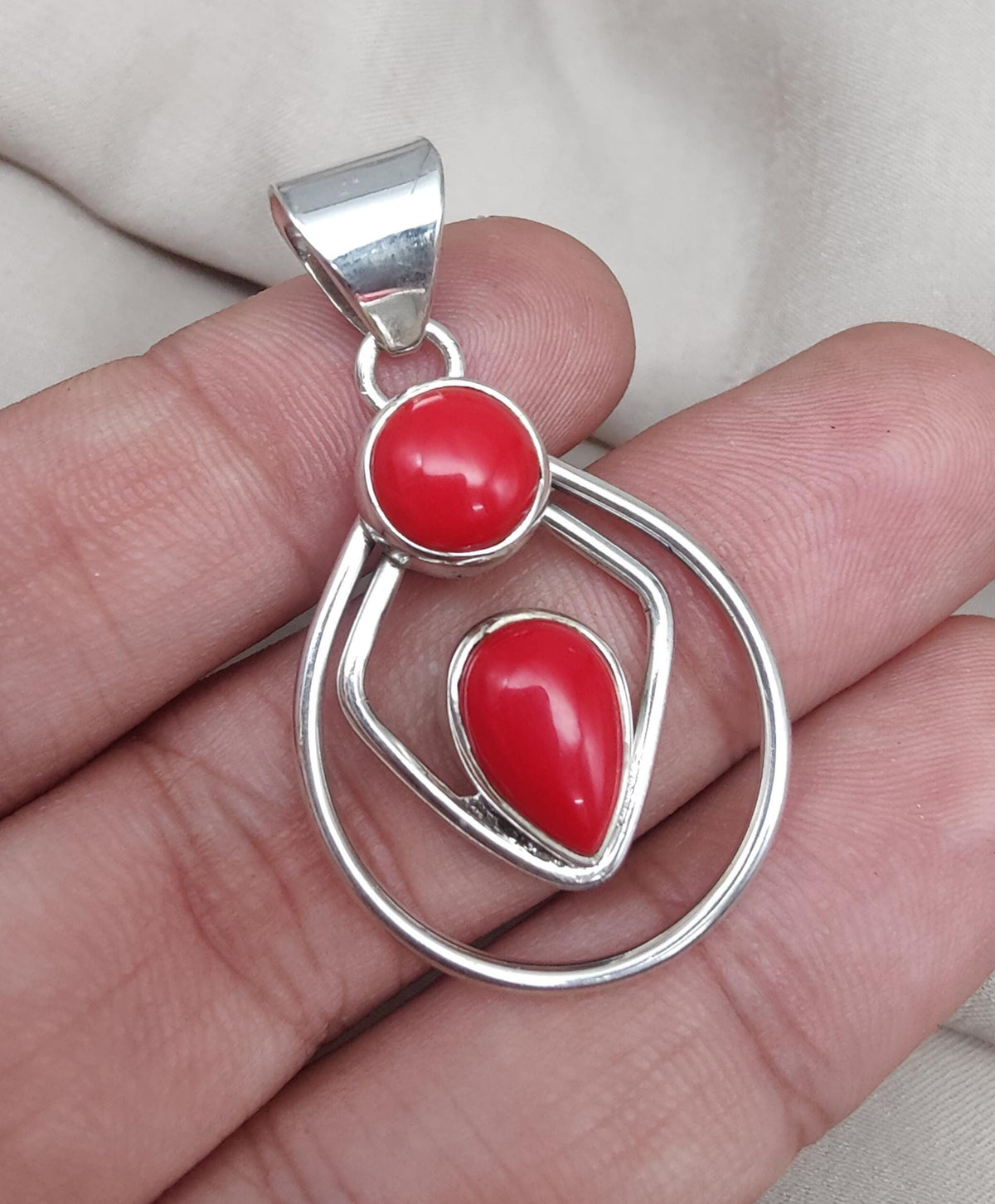 Red Coral Pendant: Two-Stone 925 Sterling Silver Boho Necklace
