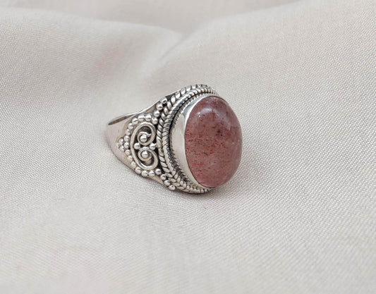 Strawberry Quartz 925 Sterling Silver Ring: Handmade Boho Gemstone Jewelry