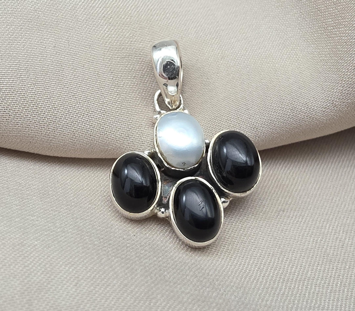 Black Onyx & Mother of Pearl 925 Sterling Silver Pendant: Handmade Boho Necklace