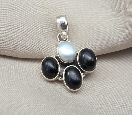 Black Onyx & Mother of Pearl 925 Sterling Silver Pendant: Handmade Boho Necklace
