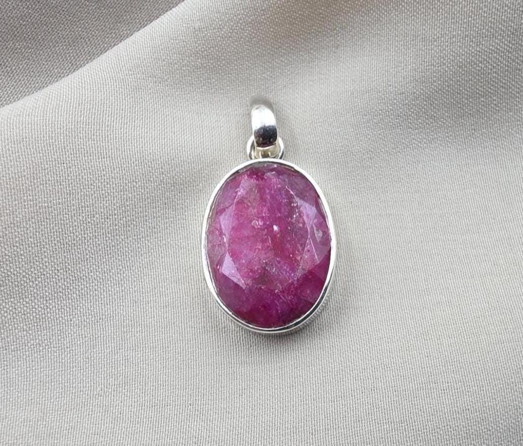 925 Sterling Silver Oval Ruby Pendant, July Birthstone Jewelry, Handmade Bezel Setting