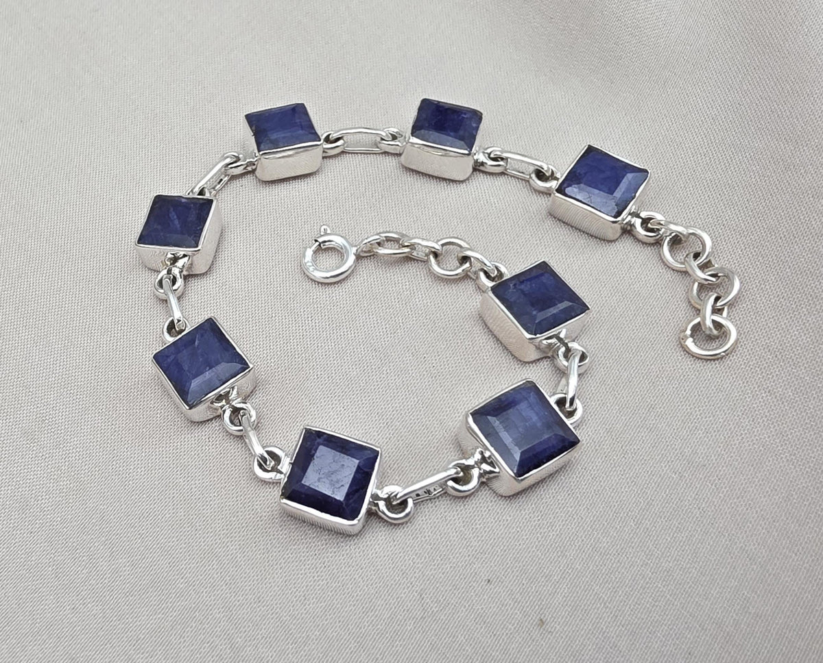 Blue Sapphire Cushion Link Bracelet 925 Sterling Silver Square Faceted Gemstone Bracelet Handmade Jewelry
