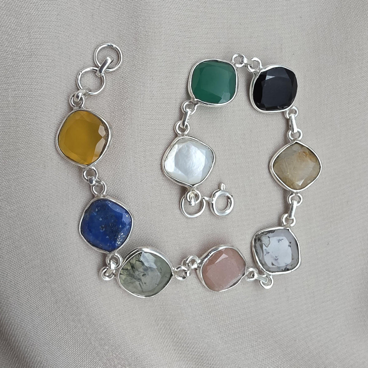 925 Sterling Silver Multi Stone Bracelet Natural Gemstone Cushion Link Jewelry
