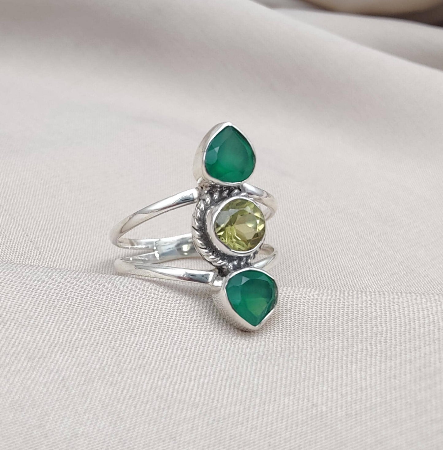 Green Onyx & Lemon Quartz 925 Sterling Silver Ring: Boho Statement Jewelry