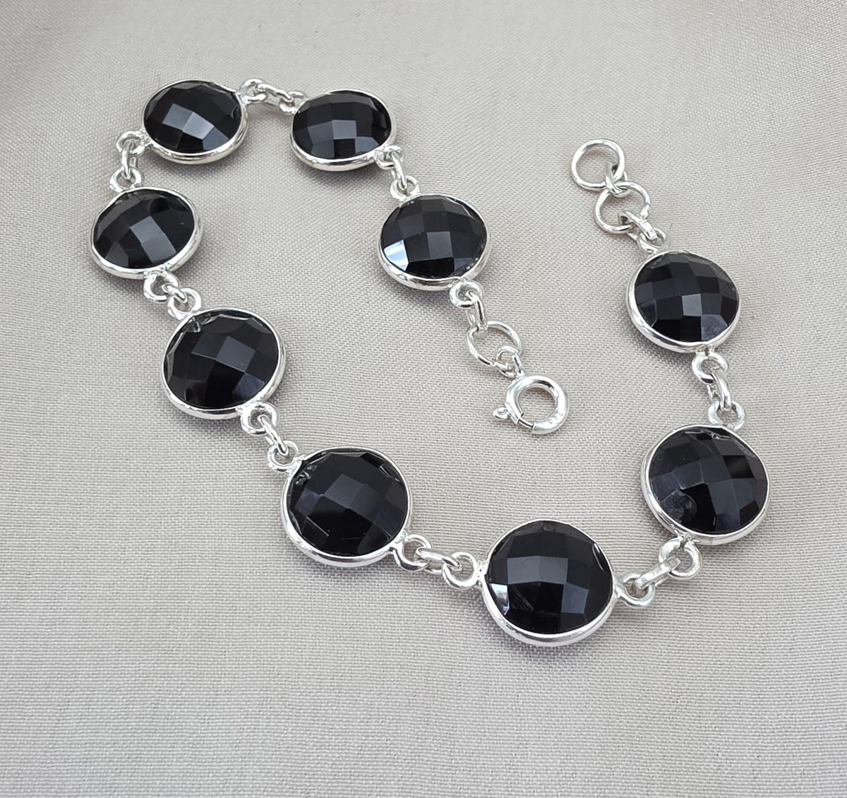 Black Onyx Bracelet 925 Sterling Silver Faceted Round Stone Link Bracelet Handmade Jewelry