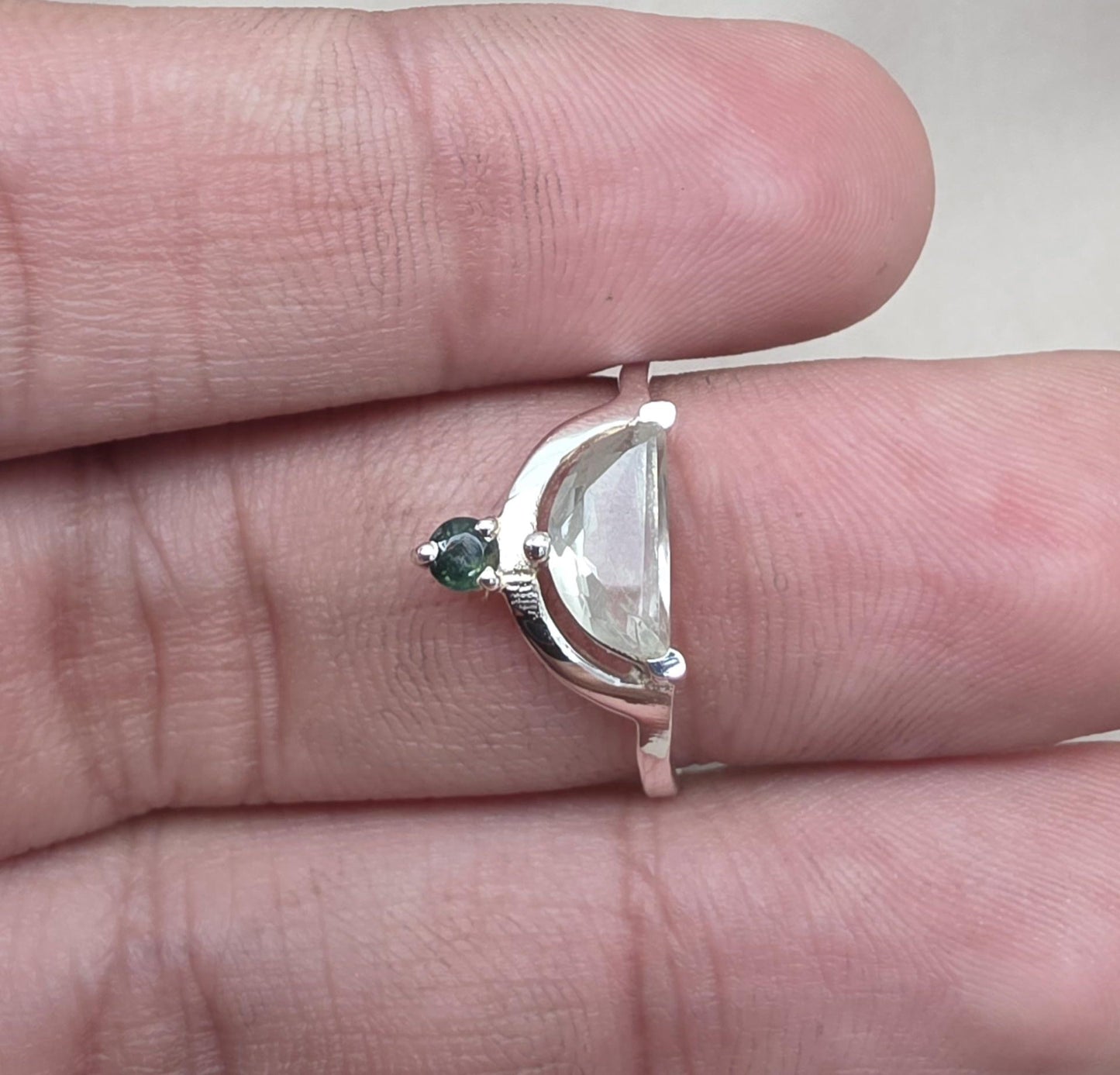 Green Amethyst Ring 925 Silver Dual Stone Moss Agate Statement Ring