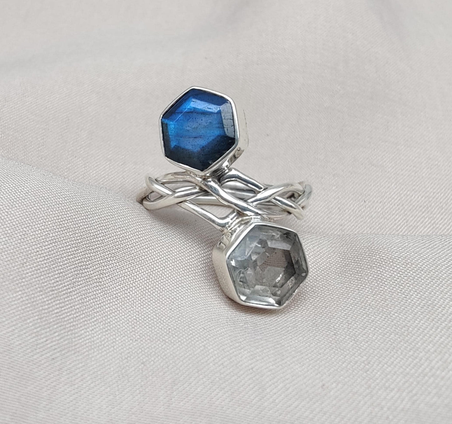 Labradorite & Green Amethyst 925 Sterling Silver Ring: Adjustable Double Stone