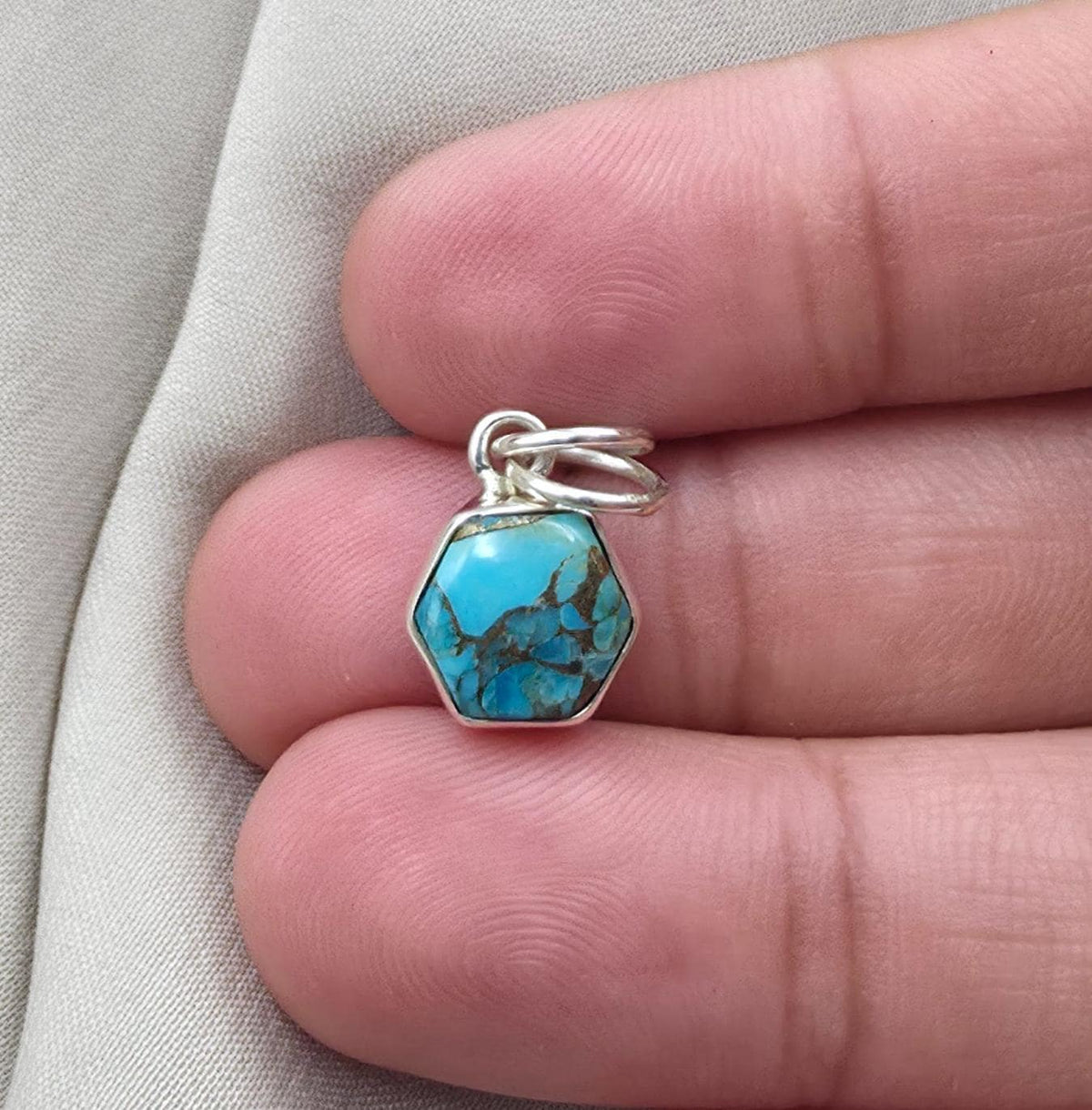925 Sterling Silver Blue Copper Turquoise Hexagon Pendant Handmade Jewelry