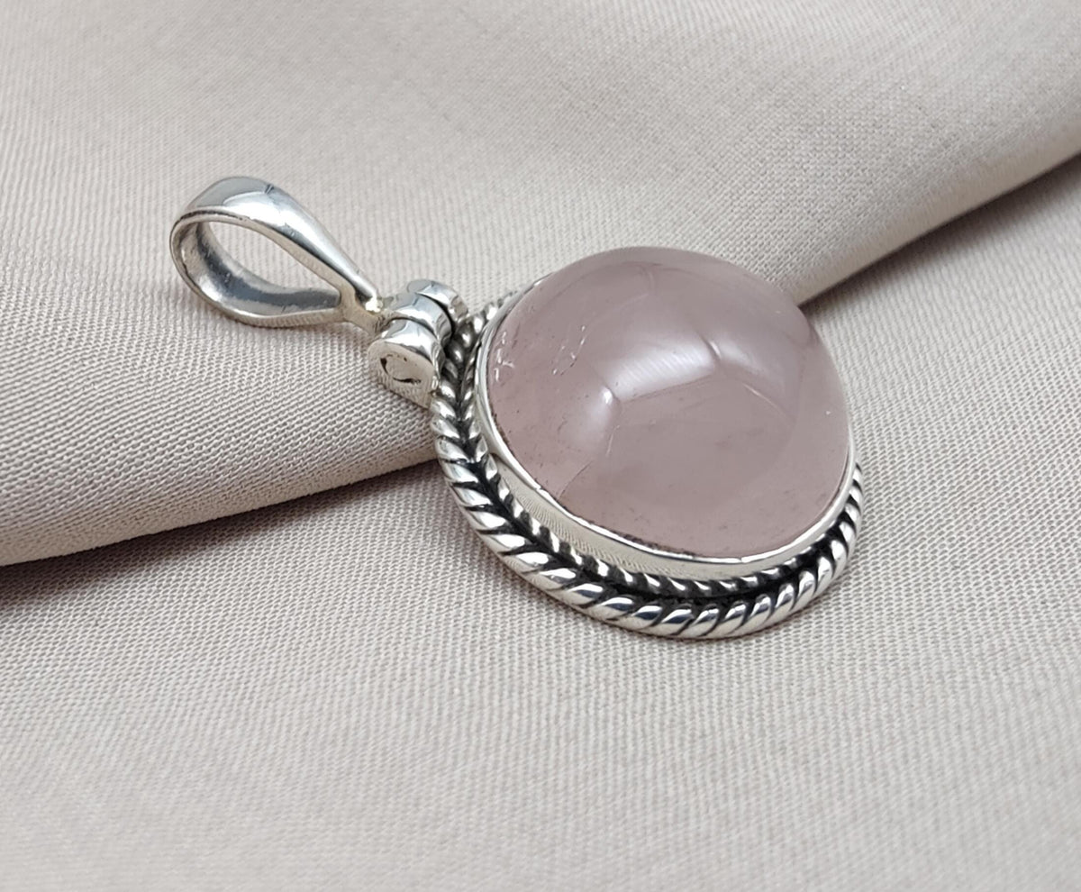 Handmade Rose Quartz Pendant: 925 Sterling Silver Round Necklace