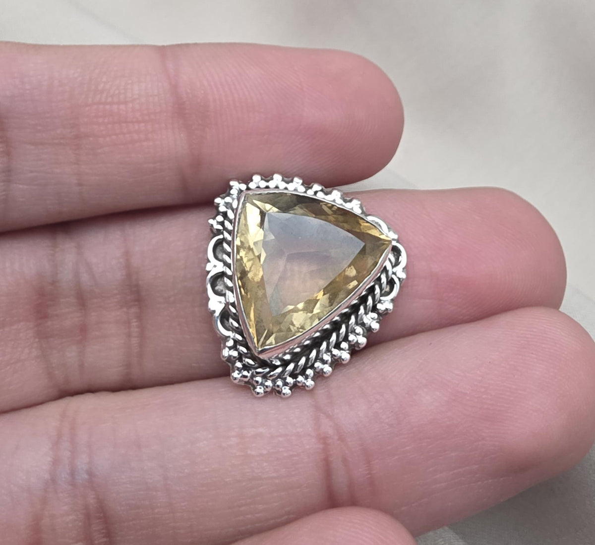 Lemon Quartz Ring 925 Sterling Silver Natural Yellow Gemstone Triangle Cut Ring