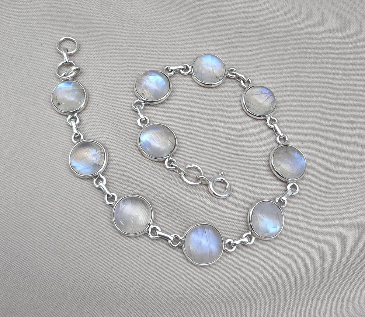 925 Sterling Silver Blue Flash Rainbow Moonstone Bracelet Natural Oval Link Jewelry