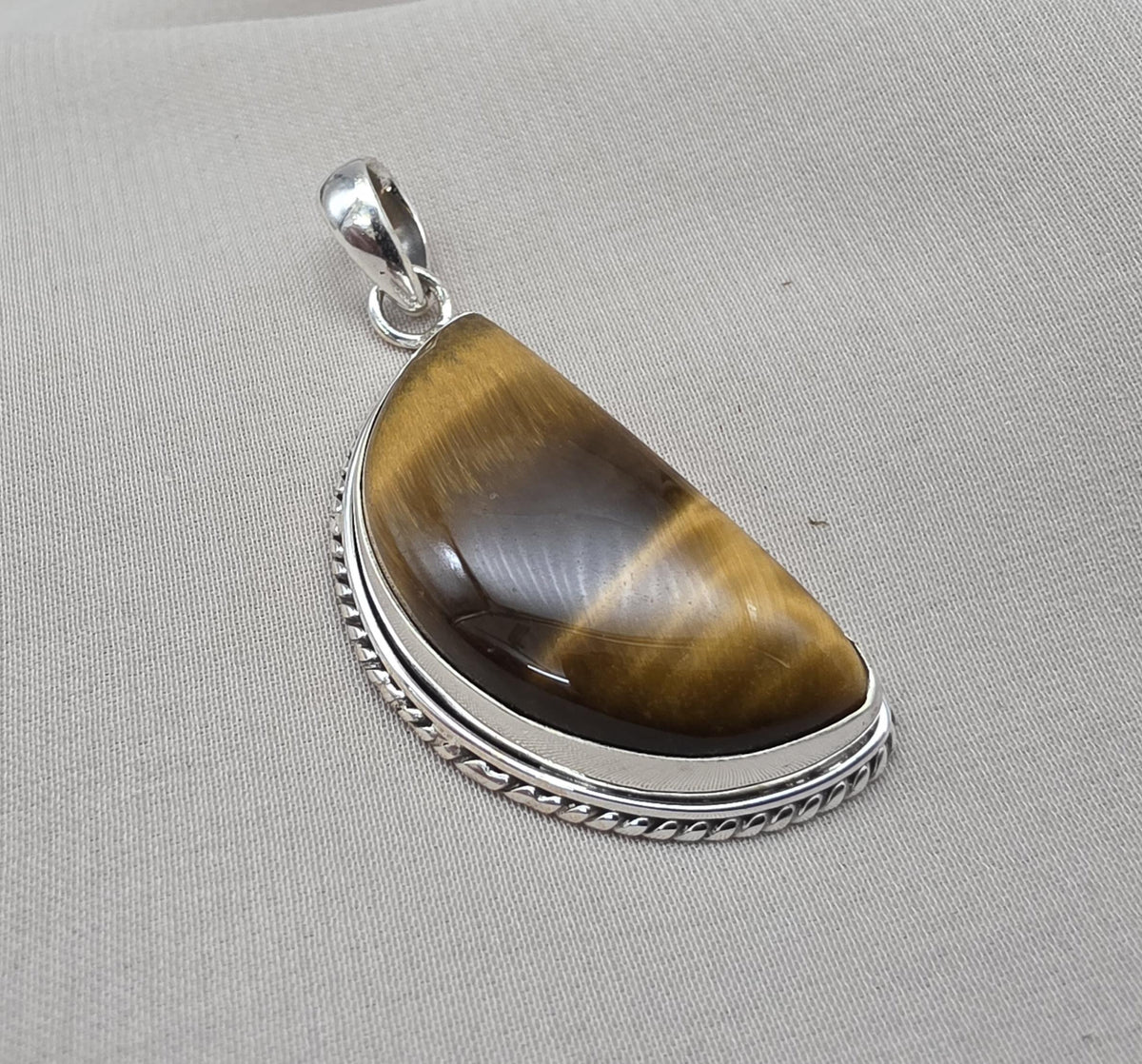 Half Moon Tiger Eye Pendant: 925 Sterling Silver Protection Gemstone Necklace Courage Jewelry
