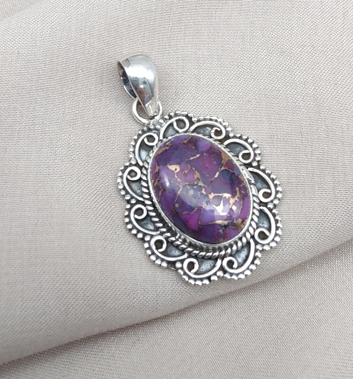 Purple Copper Turquoise Pendant: Sterling Silver Boho Statement Necklace