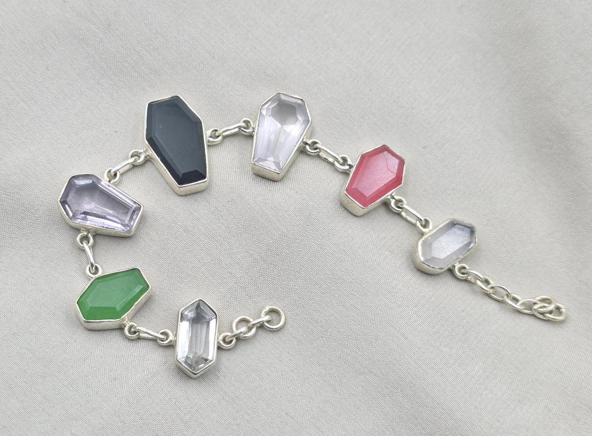 925 Sterling Silver Multi Gemstone Bracelet Coffin Cut Link Bracelet Handmade Jewelry