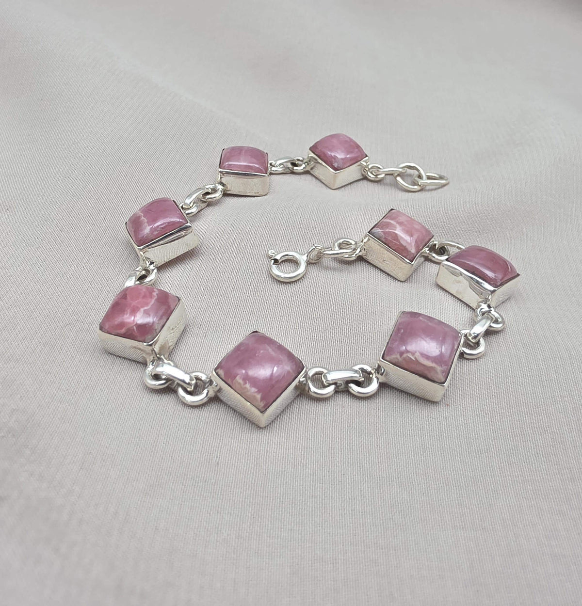 925 Sterling Silver Rhodochrosite Bracelet Pink Gemstone Square Link Bracelet Gift for Her