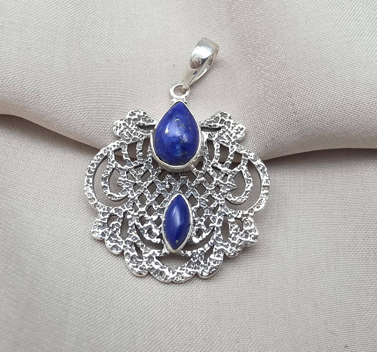 Lapis Lazuli Pendant: Handmade 925 Sterling Silver Filigree, Boho Vintage Necklace